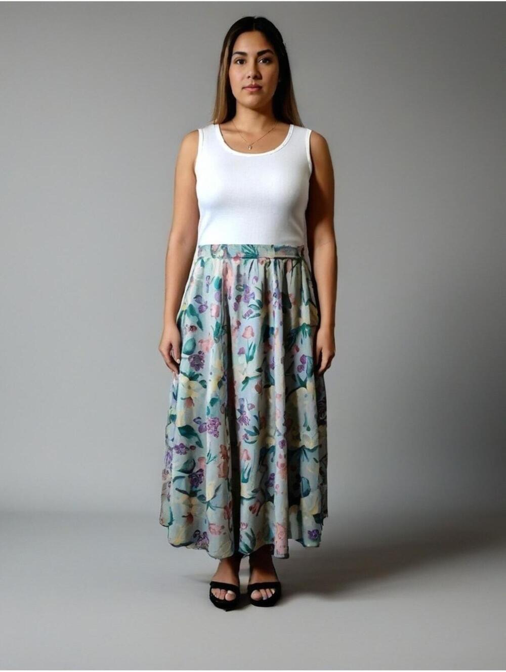 Liz Sport Vintage Floral Green Skirt Maxi Sz L Boho Spring Summer w Pockets